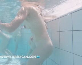 Three excited teen chicks run naked in water and look