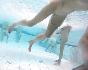 This well shaved lady has fun with the underwater jet in the sauna pool