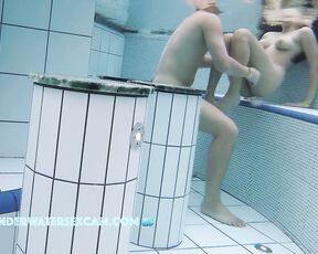 NEW! Young teenage couple fooling around naked in the sauna pool and being filmed by a horny voyeur