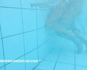 NEW! She masturbates with the underwater jet and he tries to stick his thick big cock in her pussy