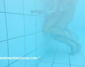 NEW! She masturbates with the underwater jet and he tries to stick his thick big cock in her pussy