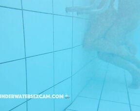 NEW! She masturbates with the underwater jet and he tries to stick his thick big cock in her pussy