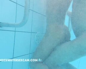 NEW! She masturbates with the underwater jet and he tries to stick his thick big cock in her pussy