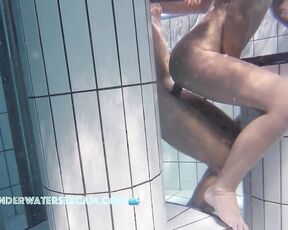NEW! This young couple is so horny and is having sex in the crowded sauna pool, and she's also using her fingers