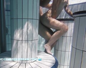 NEW! This young couple is so horny and is having sex in the crowded sauna pool, and she's also using her fingers