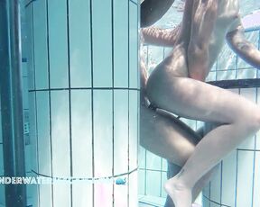 NEW! This young couple is so horny and is having sex in the crowded sauna pool, and she's also using her fingers